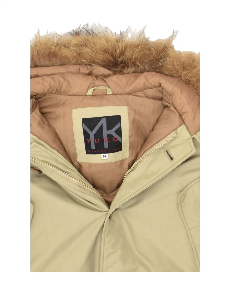 YUKO Mens Hooded Padded Jacket UK 38 Medium Beige Nylon | Vintage YUKO | Thrift | Second-Hand YUKO | Used Clothing | Messina Hembry 