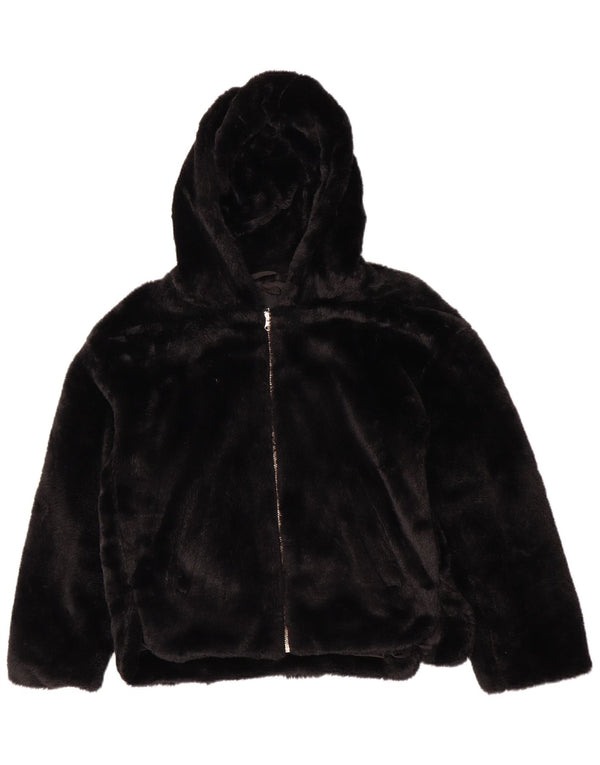 Vintage Womens Oversized Hooded Faux Fur Bomber Jacket UK 10 Small Black