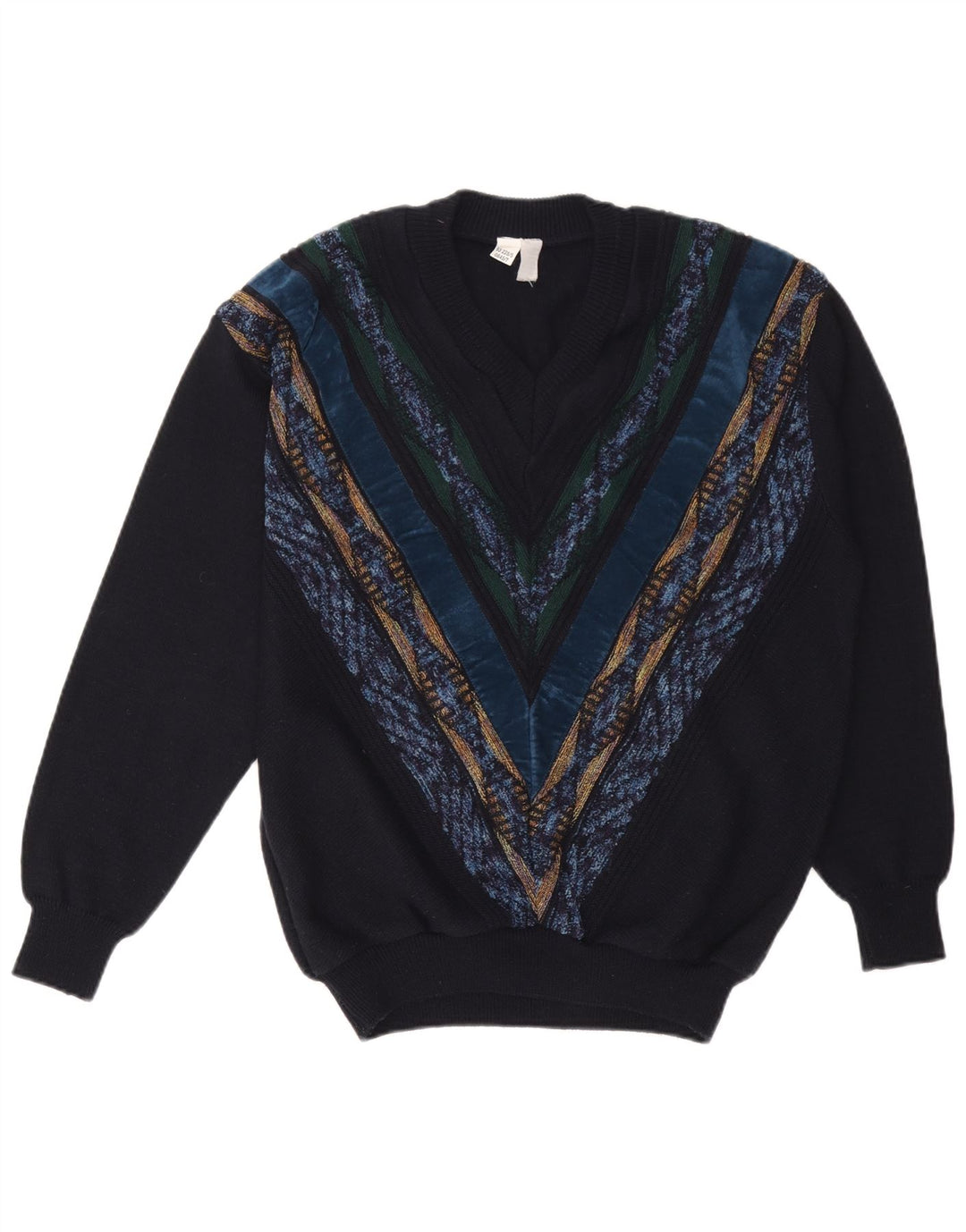 Vintage Mens V-Neck Jumper Sweater Large Navy Blue Striped