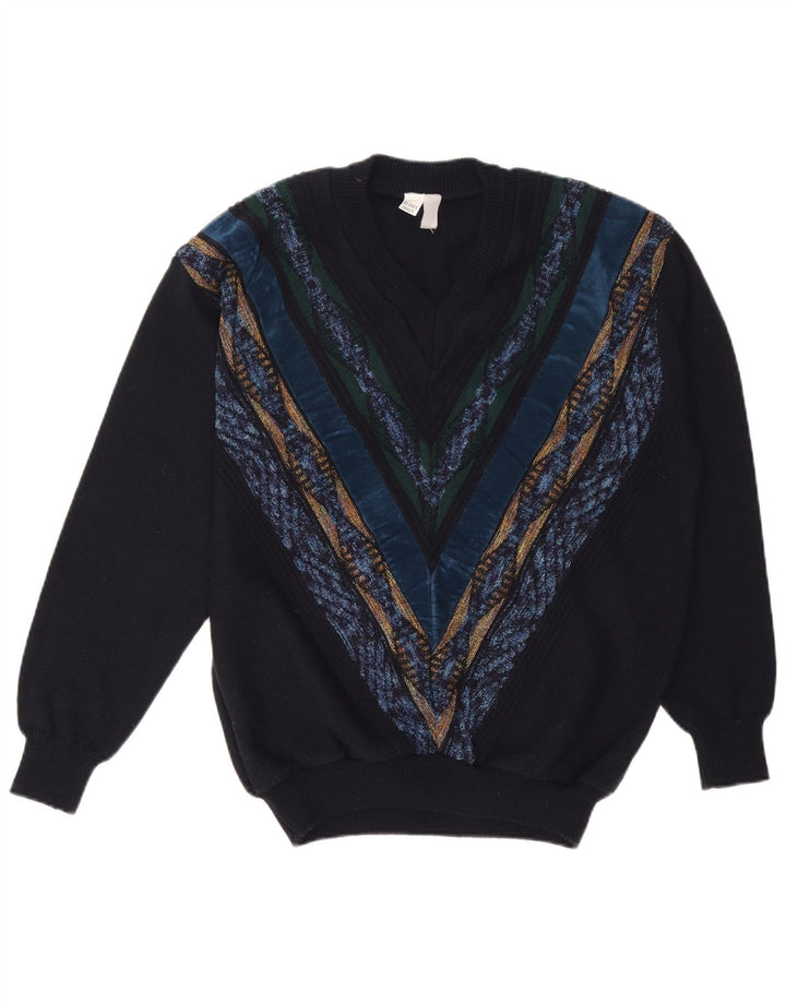 Vintage Mens V-Neck Jumper Sweater Large Navy Blue Striped