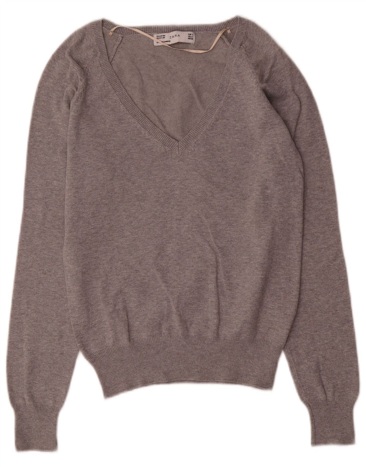 Zara Womens V-Neck Jumper Sweater UK 10 Small Grey Cotton
