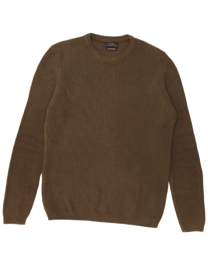 Zara Mens Crew Neck Jumper Sweater Medium Khaki Cotton