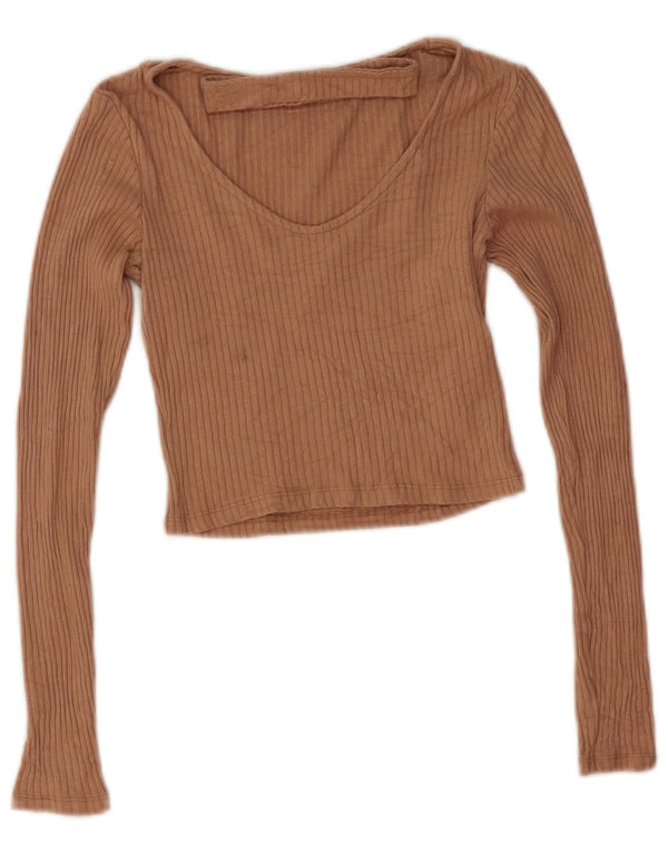Topshop Womens Crop Top Long Sleeve UK 6 XS Beige Viscose