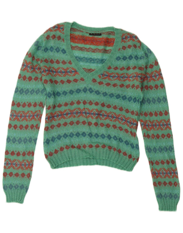 SISLEY Womens Crop V-Neck Jumper Sweater UK 14 Medium Turquoise Fair Isle