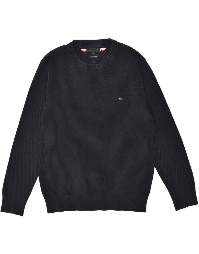 TOMMY HILFIGER Mens Crew Neck Jumper Sweater Medium Navy Blue Cotton | Vintage Tommy Hilfiger | Thrift | Second-Hand Tommy Hilfiger | Used Clothing | Messina Hembry 