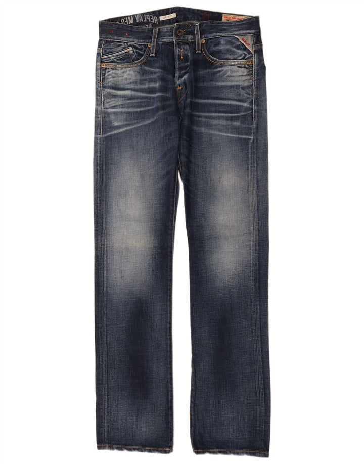 Replay Mens Graphic Straight Jeans W31 L34 Blue Cotton