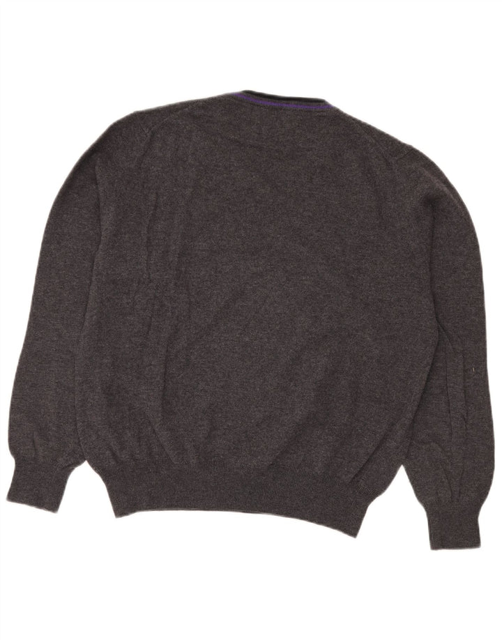 FRED PERRY Mens V-Neck Jumper Sweater Medium Grey Wool