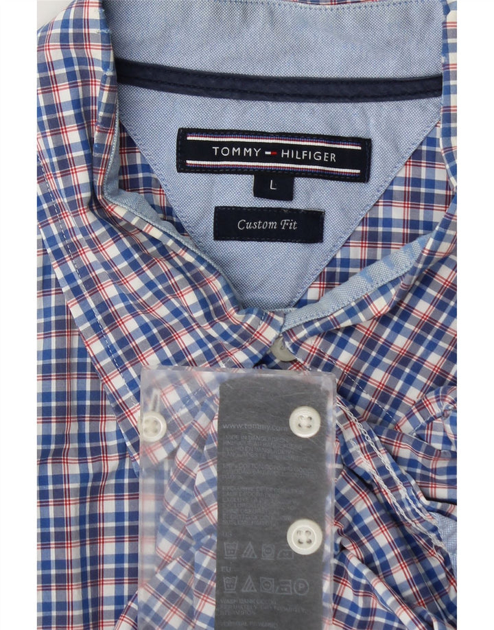 Tommy Hilfiger Mens Short Sleeve Custom Fit Shirt Large Blue Check Cotton