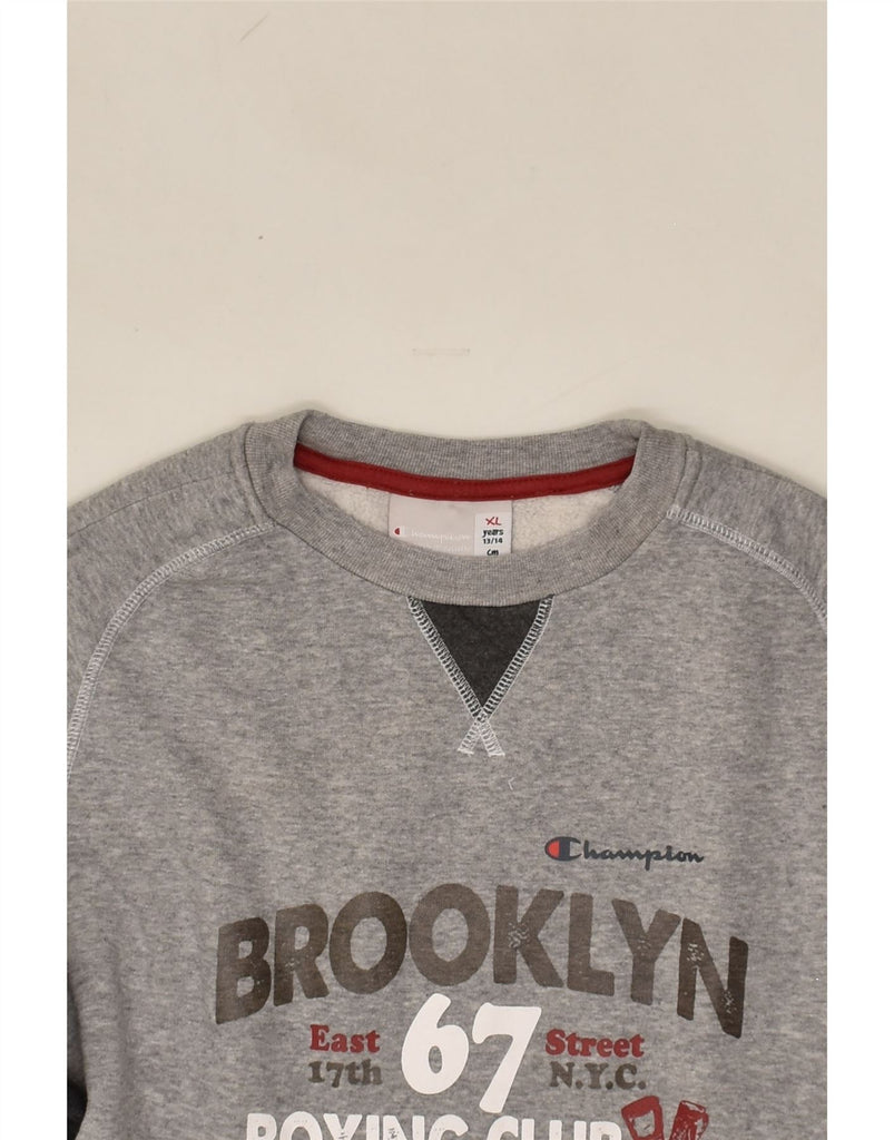 CHAMPION Boys Brooklyn Graphic Sweatshirt Jumper 13-14 Years XL Grey | Vintage Champion | Thrift | Second-Hand Champion | Used Clothing | Messina Hembry 