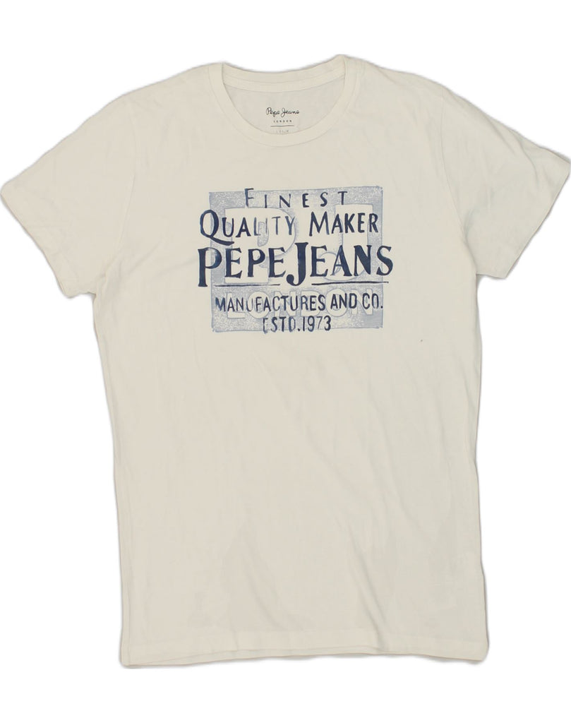 PEPE JEANS Womens London Slim Graphic T-Shirt Top UK 14 Large White Cotton | Vintage PEPE Jeans | Thrift | Second-Hand PEPE Jeans | Used Clothing | Messina Hembry 