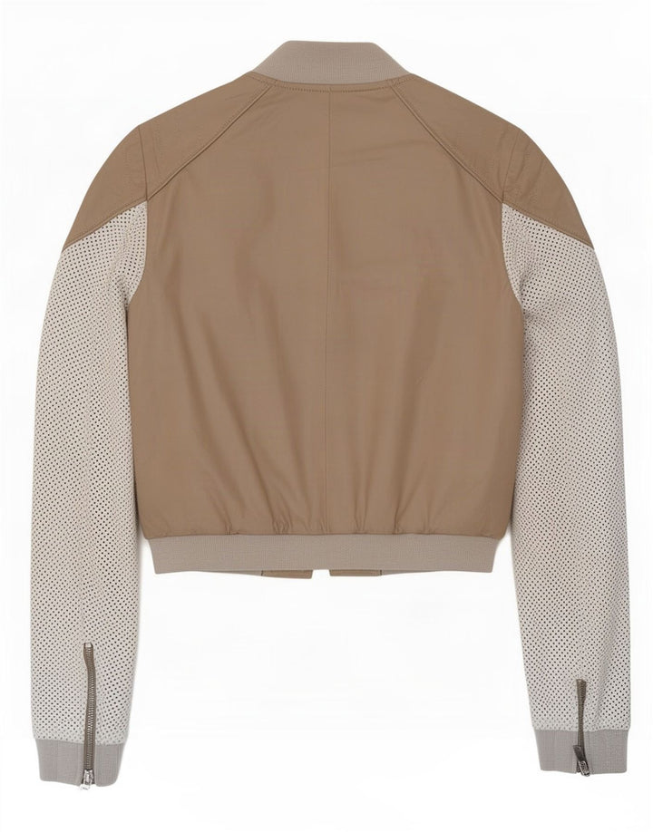 Vintage Womens Crop Leather Jacket IT 40 Small Beige Colourblock