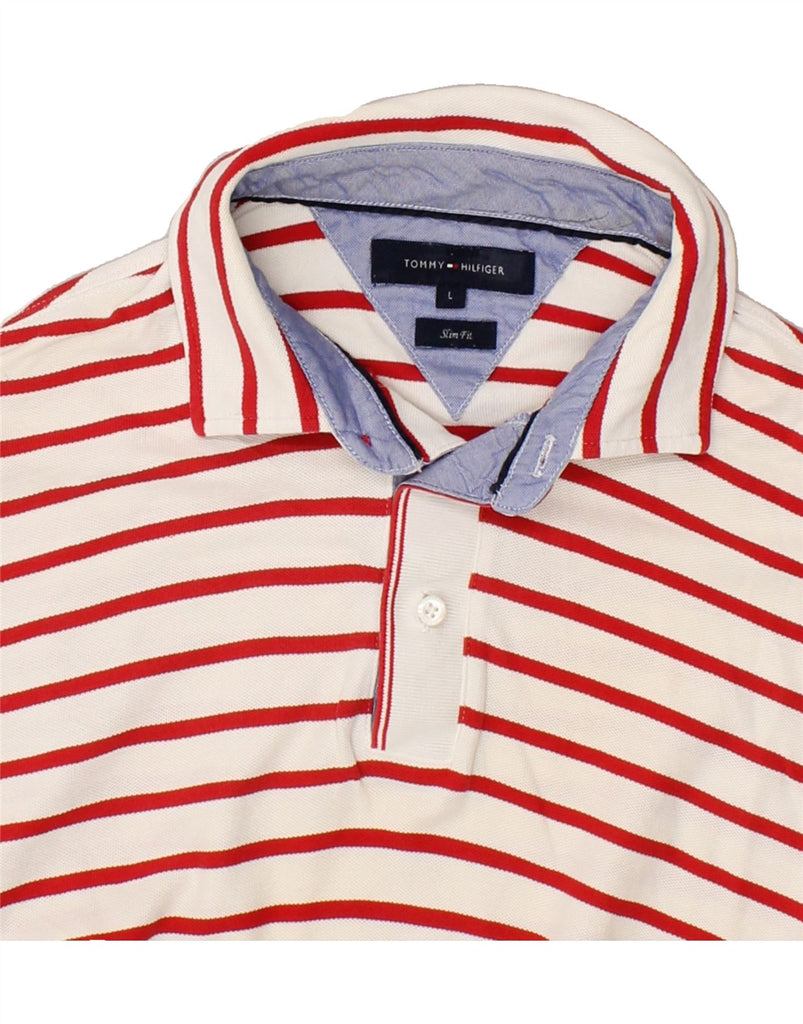 TOMMY HILFIGER Mens Slim Fit Polo Shirt Large Red Striped Cotton | Vintage Tommy Hilfiger | Thrift | Second-Hand Tommy Hilfiger | Used Clothing | Messina Hembry 