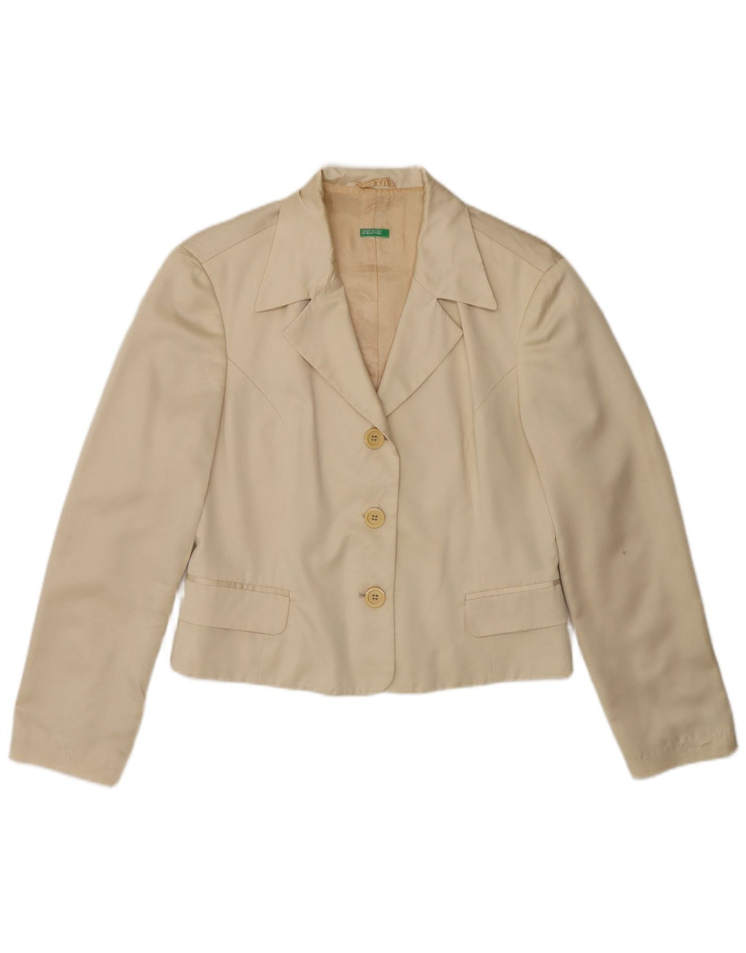 Benetton Womens Crop 3 Button Blazer Jacket IT 44 Medium Beige Polyester