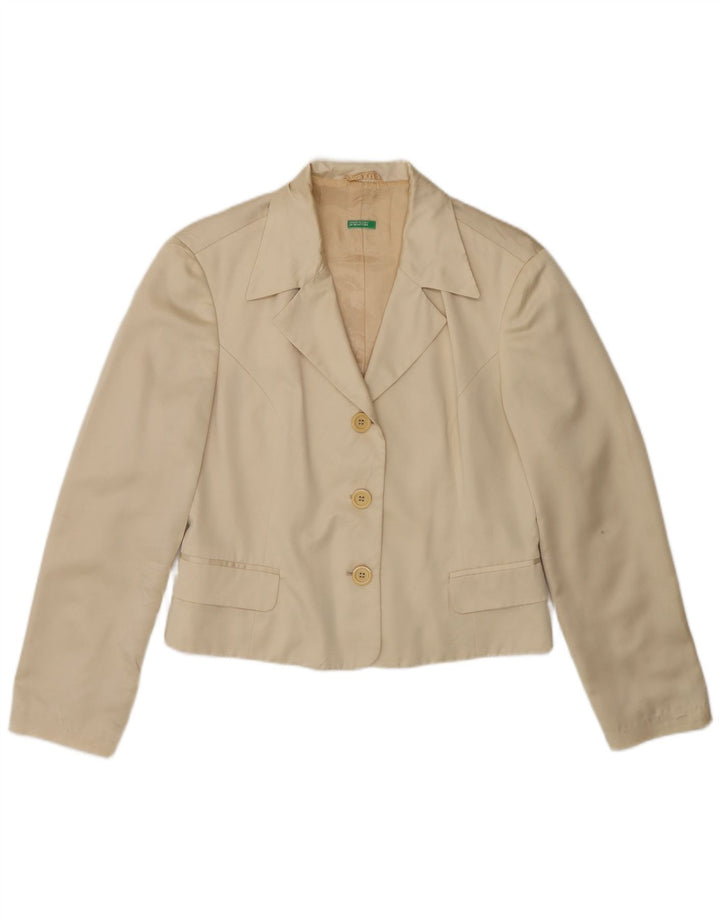 Benetton Womens Crop 3 Button Blazer Jacket IT 44 Medium Beige Polyester