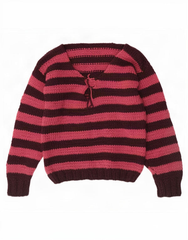 Vintage Womens V-Neck Jumper Sweater UK 12 Medium Pink Striped