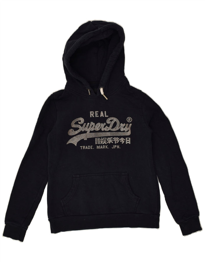 SUPERDRY Womens Graphic Hoodie Jumper UK 10 Small Navy Blue Cotton | Vintage Superdry | Thrift | Second-Hand Superdry | Used Clothing | Messina Hembry 