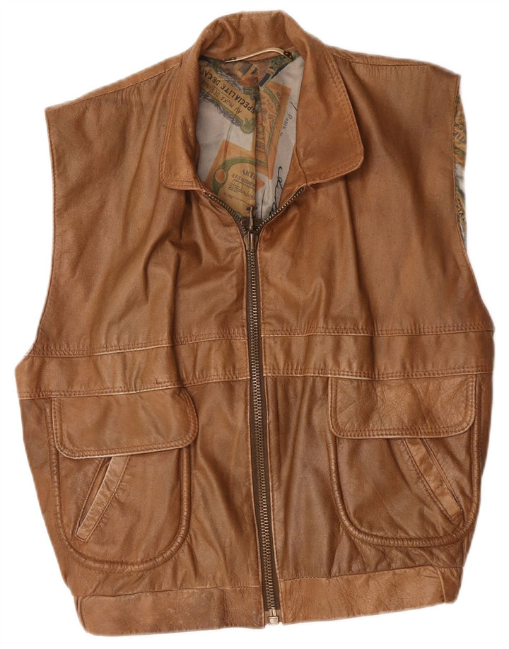 Vintage Mens Leather Gilet UK 40 Large Brown