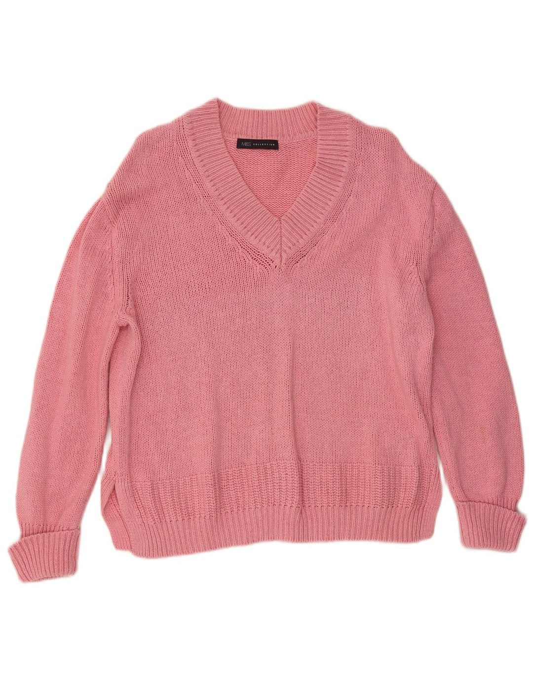 Marks & Spencer Womens V-Neck Jumper Sweater UK 14 Medium Pink Cotton
