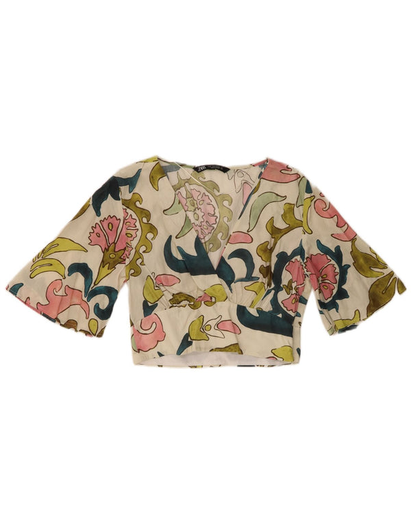 Zara Womens 1/2 Sleeve Crop Top UK 10 Small Multicoloured Floral