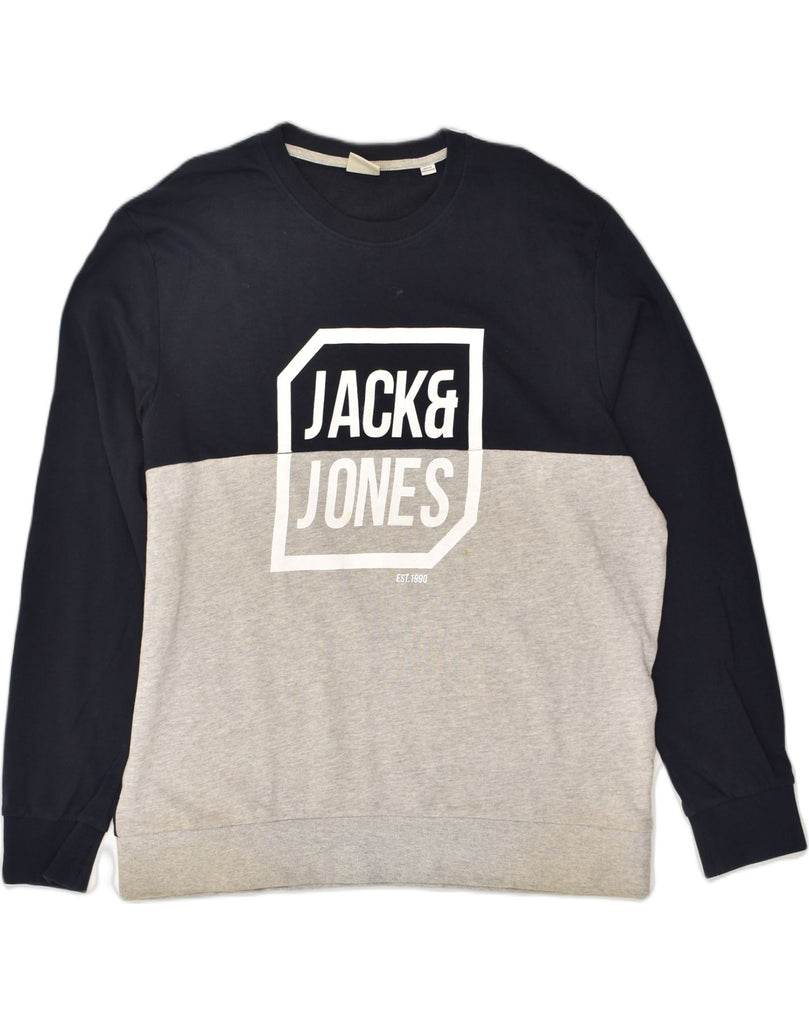 JACK & JONES Mens Graphic Sweatshirt Jumper 2XL Grey Colourblock Cotton | Vintage Jack & Jones | Thrift | Second-Hand Jack & Jones | Used Clothing | Messina Hembry 