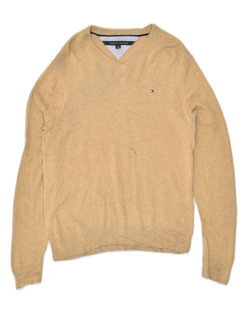 TOMMY HILFIGER Mens V-Neck Jumper Sweater Medium Beige Cotton | Vintage Tommy Hilfiger | Thrift | Second-Hand Tommy Hilfiger | Used Clothing | Messina Hembry 