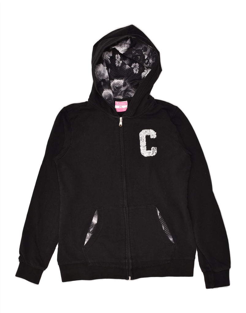 CHAMPION Girls Graphic Zip Hoodie Sweater 13-14 Years XL Black | Vintage Champion | Thrift | Second-Hand Champion | Used Clothing | Messina Hembry 