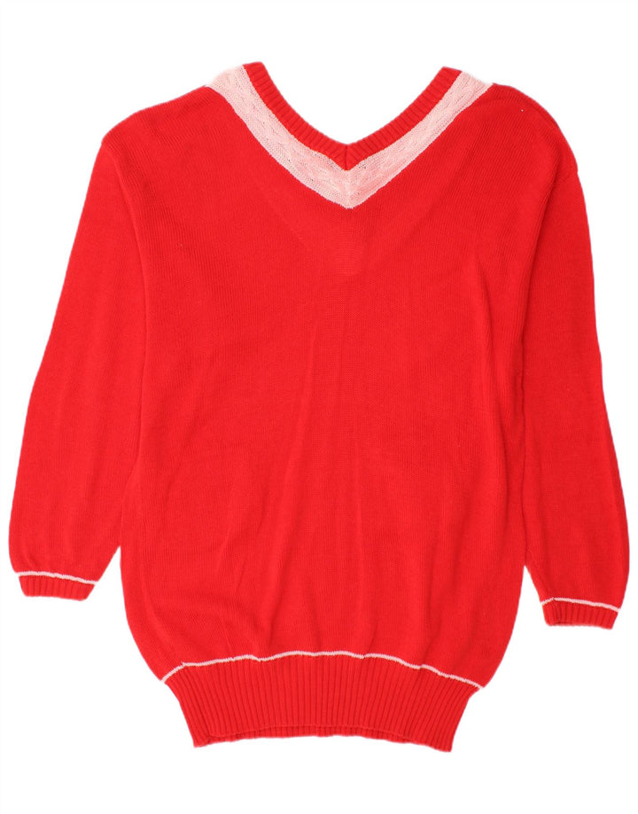 VINTAGE Womens Longline V-Neck Jumper Sweater UK 18 XL Red Colourblock
