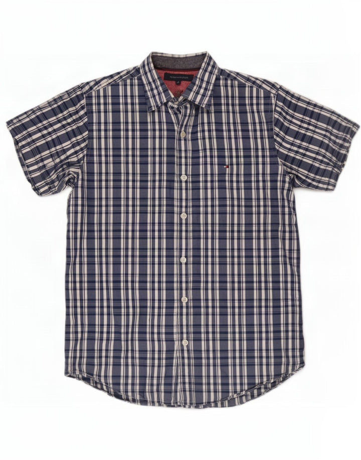 Tommy Hilfiger Mens Short Sleeve Shirt Medium Navy Blue Check Cotton