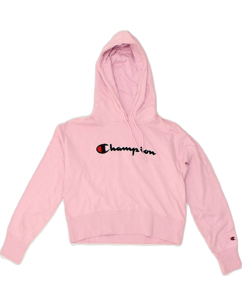 CHAMPION Womens Crop Graphic Hoodie Jumper UK 14 Medium Pink Cotton | Vintage Champion | Thrift | Second-Hand Champion | Used Clothing | Messina Hembry 