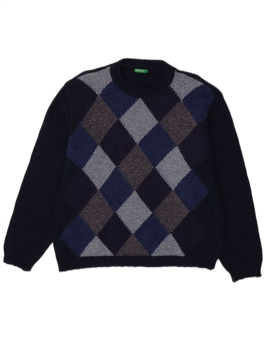 Benetton Mens Crew Neck Jumper Sweater Large Navy Blue Argyle/Diamond