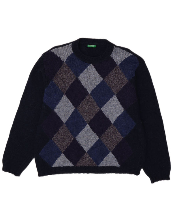 Benetton Mens Crew Neck Jumper Sweater Large Navy Blue Argyle/Diamond
