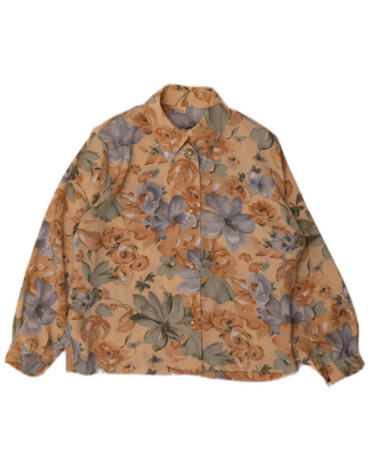 VINTAGE Womens Shirt Blouse UK 14 Medium Brown Floral Polyester