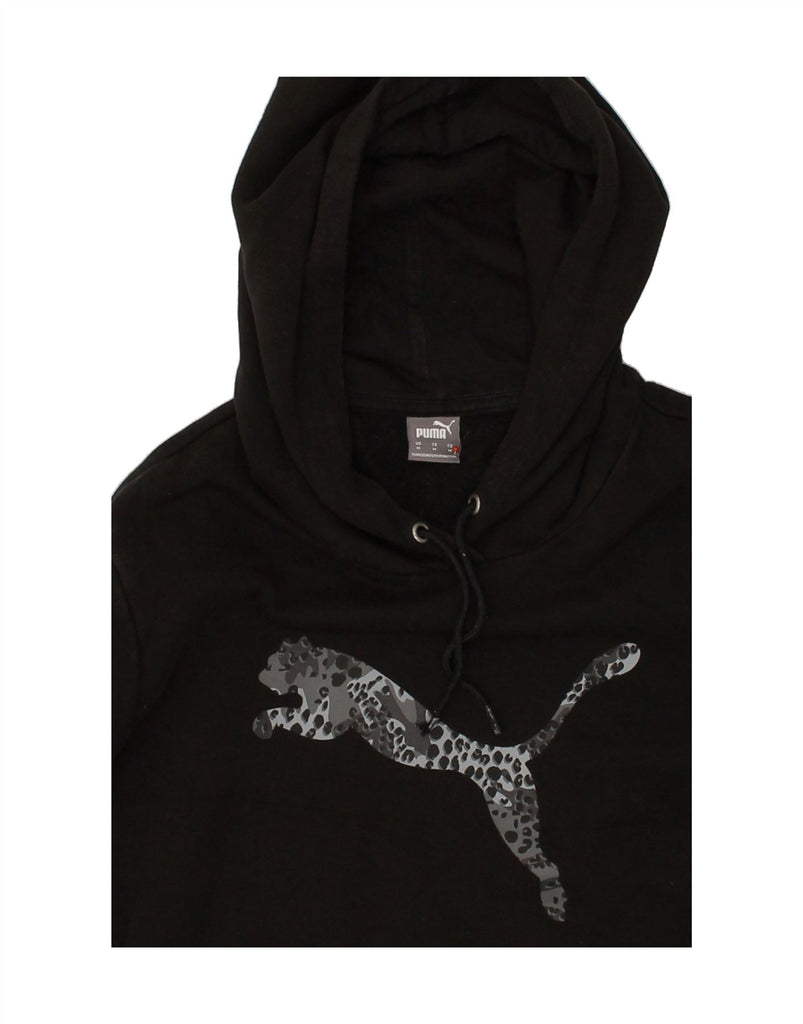 PUMA Womens Graphic Hoodie Jumper UK 14 Medium Black Cotton | Vintage Puma | Thrift | Second-Hand Puma | Used Clothing | Messina Hembry 