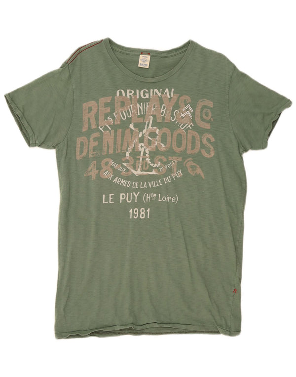 Replay Mens Graphic T-Shirt Top Medium Green Flecked Cotton