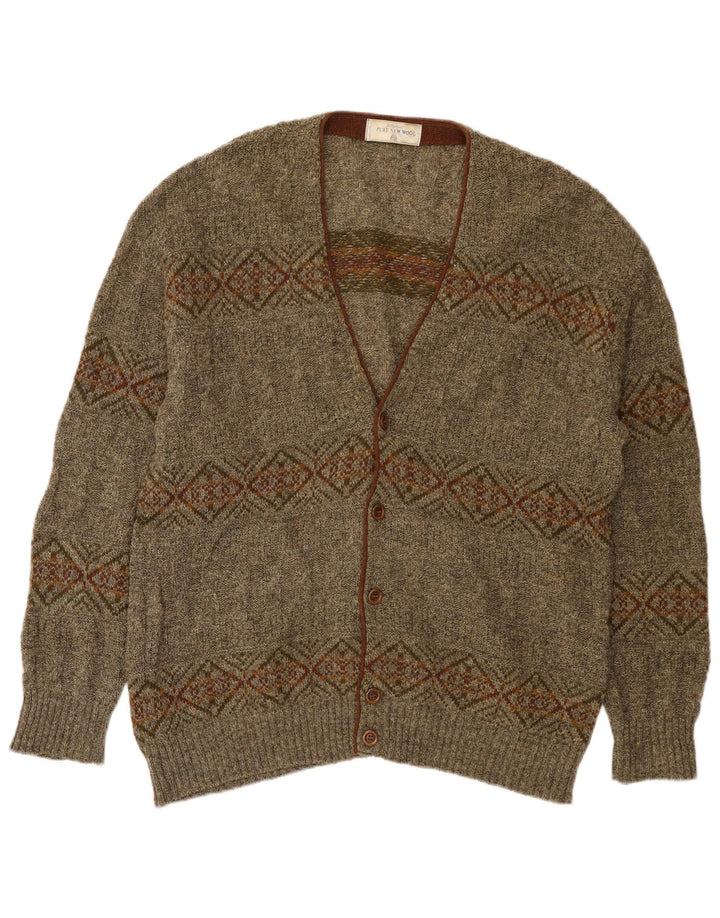 St Michael Mens Cardigan Sweater XL Khaki Geometric Wool