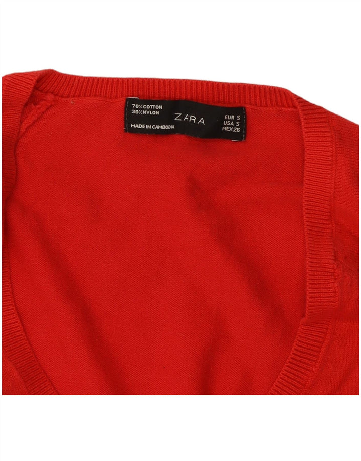 ZARA Womens V-Neck Jumper Sweater UK 10 Small Red Cotton