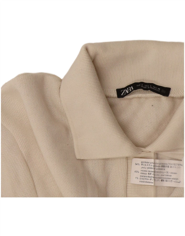 Zara Womens Long Sleeve Polo Shirt UK 14 Large Off White Polyester