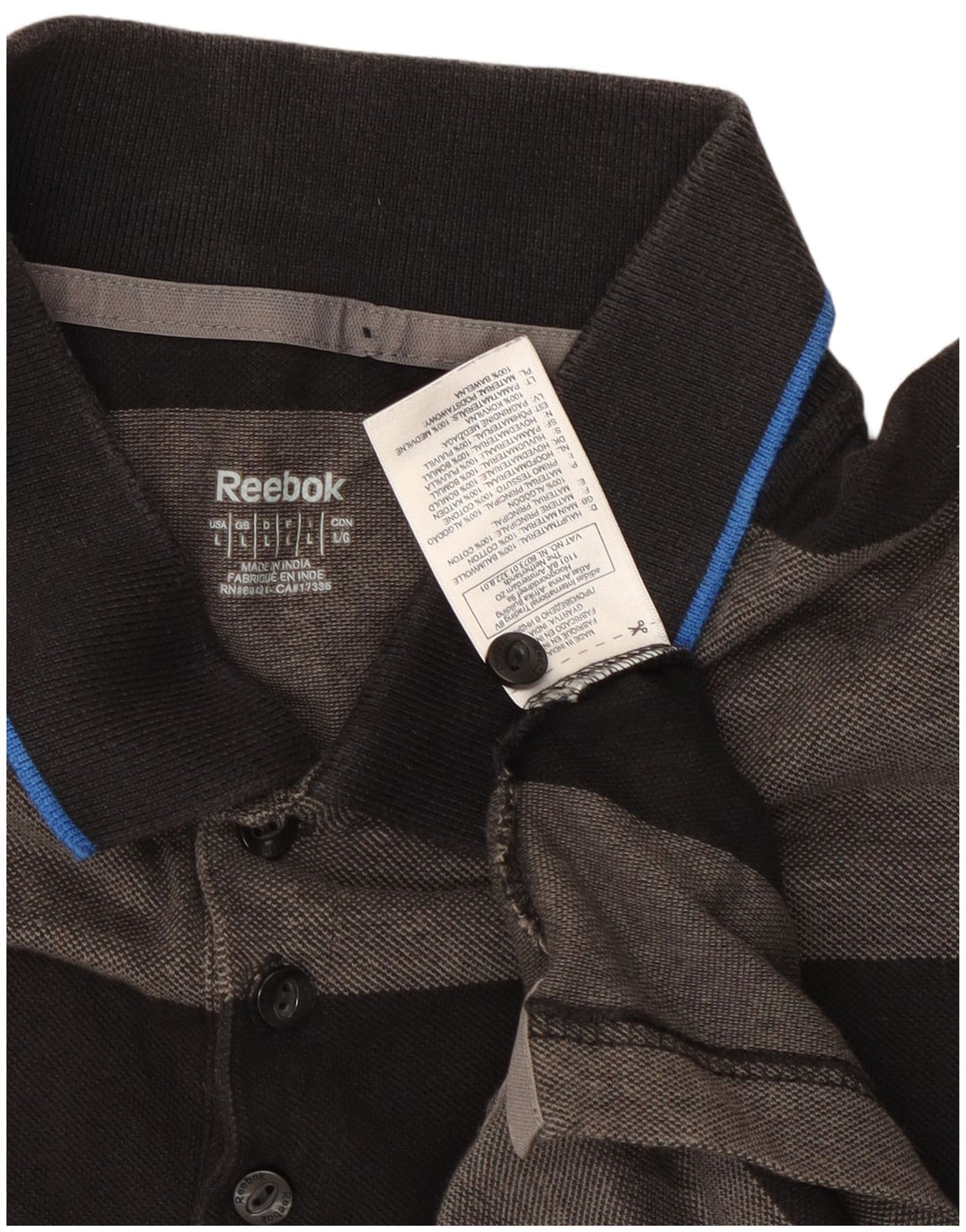 Reebok Mens Rugby Polo Shirt Large Grey Striped Cotton