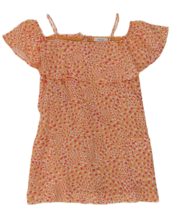 Reiss Girls Ruffle Off Shoulder Dress 7-8 Years Orange Floral Linen