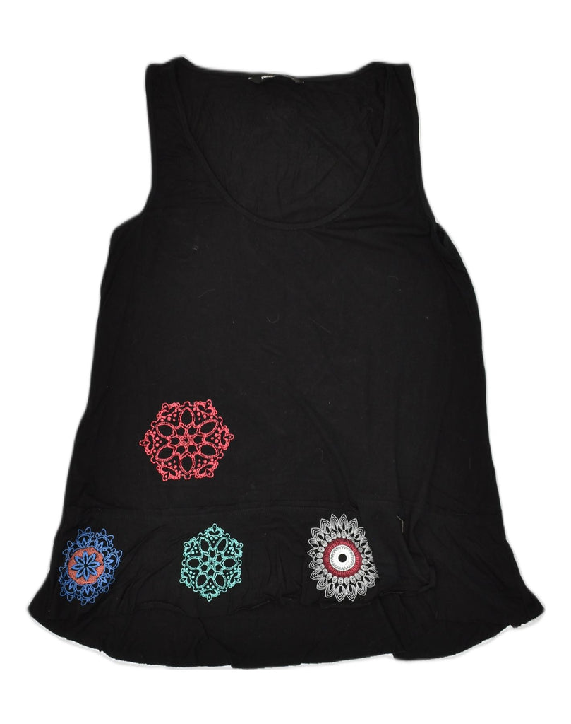 DESIGUAL Womens Graphic Vest Top UK 10 Small Black Floral Viscose | Vintage Desigual | Thrift | Second-Hand Desigual | Used Clothing | Messina Hembry 