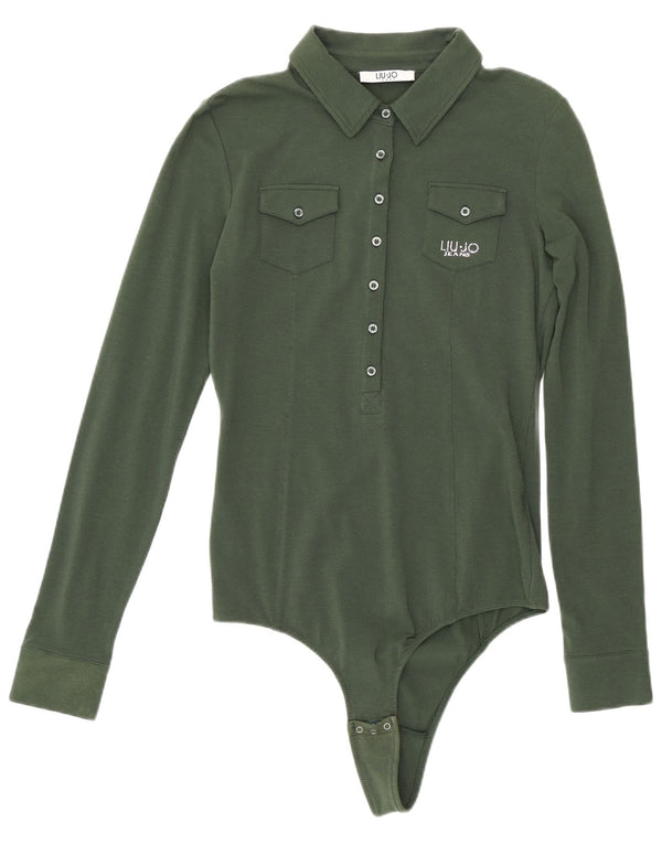 Liu Jo Womens Shirt Bodysuit UK 10 Small Green Cotton