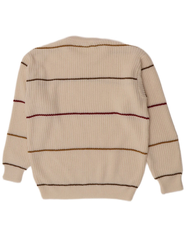 Vintage Mens Crew Neck Jumper Sweater Medium Off White Striped Acrylic