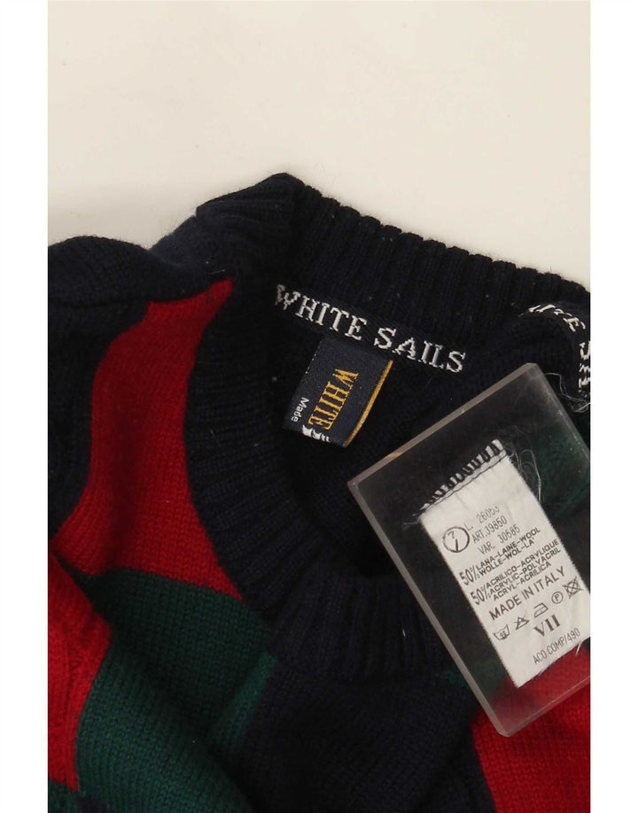 White Sails Mens Crew Neck Jumper Sweater Large Navy Blue Colourblock Wool
