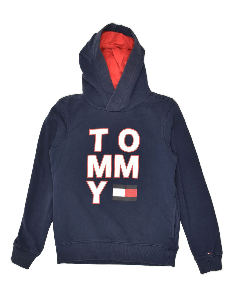 TOMMY HILFIGER Boys Graphic Hoodie Jumper 13-14 Years Navy Blue Cotton | Vintage Tommy Hilfiger | Thrift | Second-Hand Tommy Hilfiger | Used Clothing | Messina Hembry 