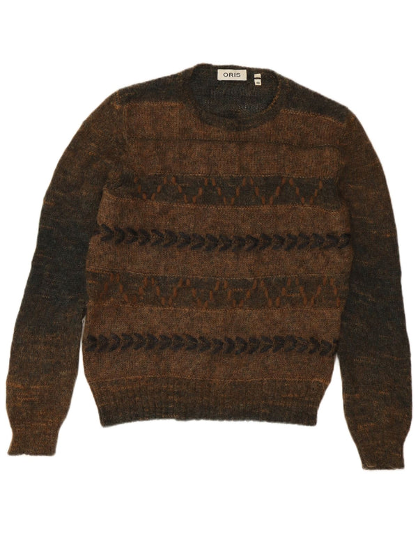 Oris Mens Crew Neck Jumper Sweater IT 48 Medium Brown Striped Mohair