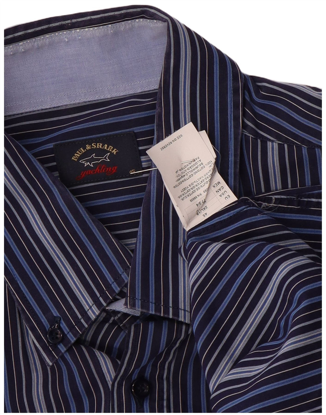 PAUL & SHARK Mens Shirt Size 45 XL Navy Blue Striped Cotton