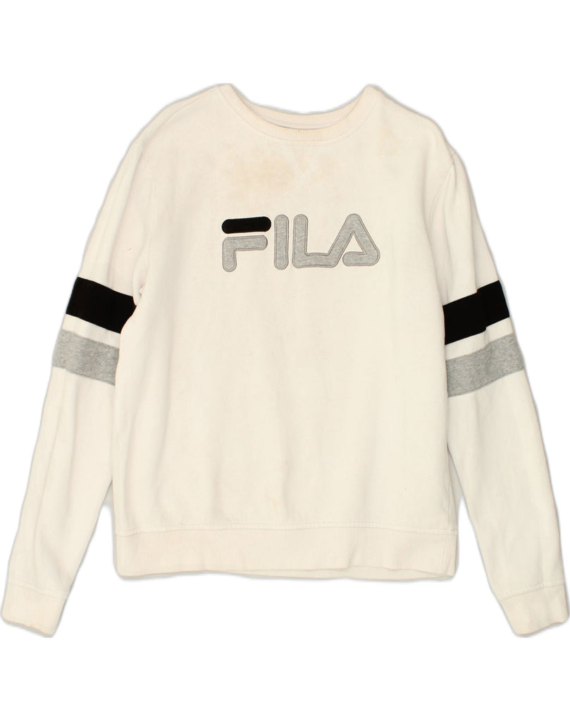 FILA Womens Graphic Sweatshirt Jumper UK 14 Medium Off White Cotton | Vintage Fila | Thrift | Second-Hand Fila | Used Clothing | Messina Hembry 