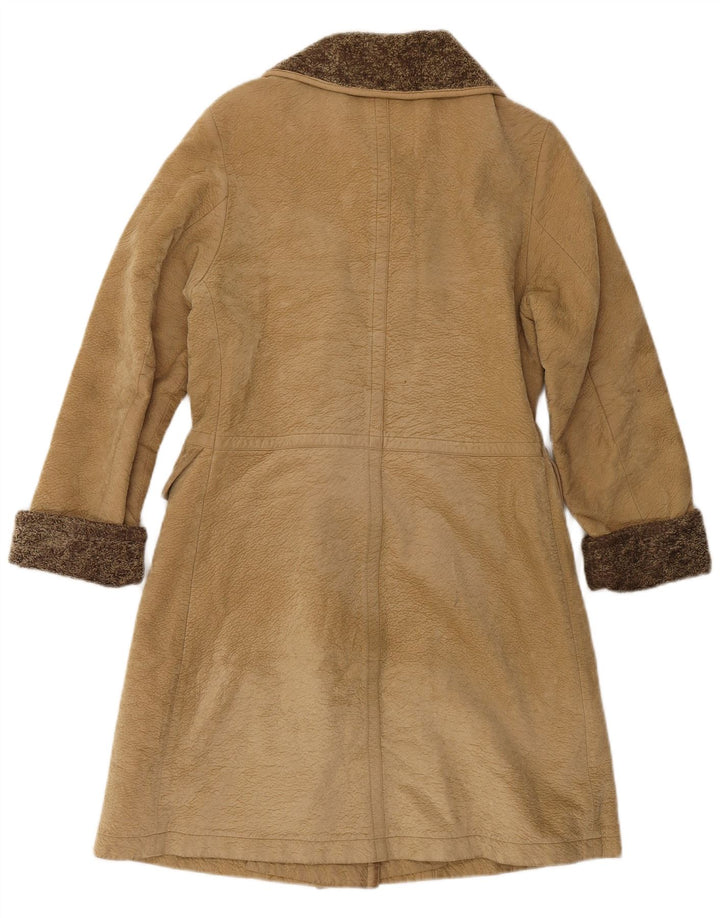 VINTAGE Womens Double Breasted Leather Coat UK 6 XS Brown Colourblock