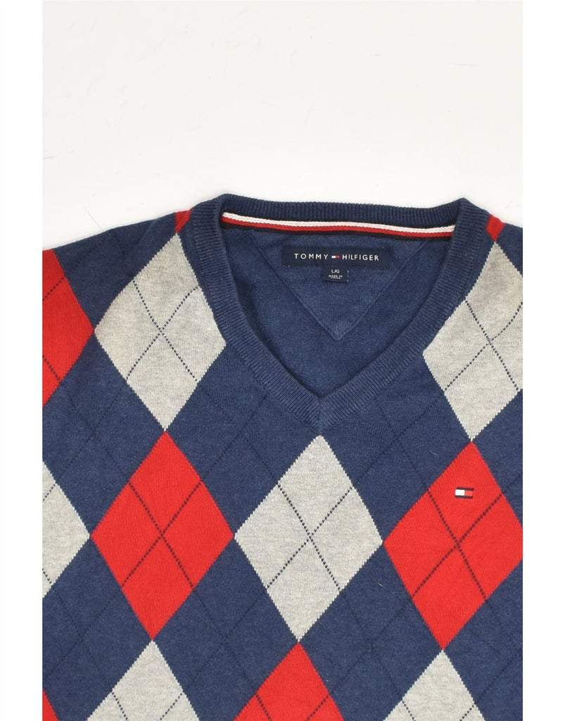 TOMMY HILFIGER Mens V-Neck Jumper Sweater Large Blue Argyle/Diamond Cotton | Vintage Tommy Hilfiger | Thrift | Second-Hand Tommy Hilfiger | Used Clothing | Messina Hembry 