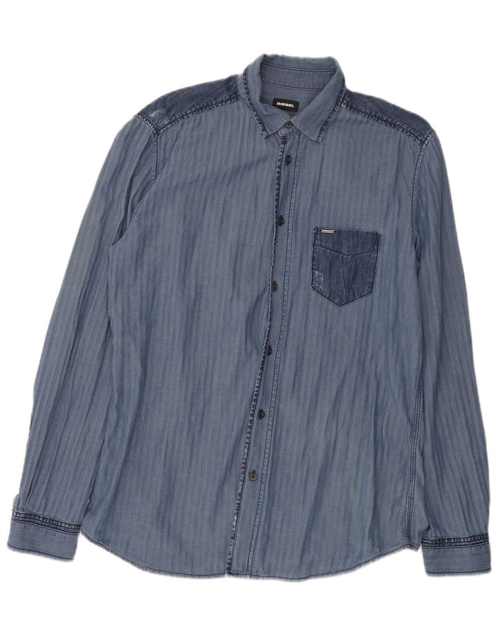 Diesel Mens Shirt Large Navy Blue Herringbone Cotton